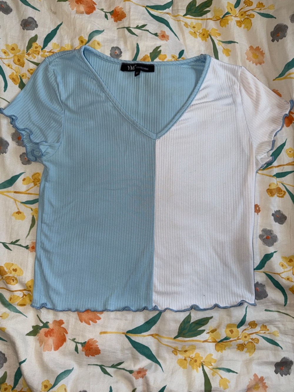 YMI Two-Tone Blue & White V-Neck Ribbed Short Sleeve Tee